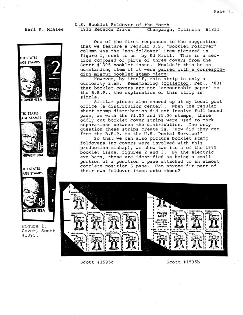 stamp errors, stamp errors, EFO, U.S. Booklet Foldover of the Month, McAfee, Kroll, Bureau of Engraving and Printing, B.E.P., Scott 1395, Scott 1595