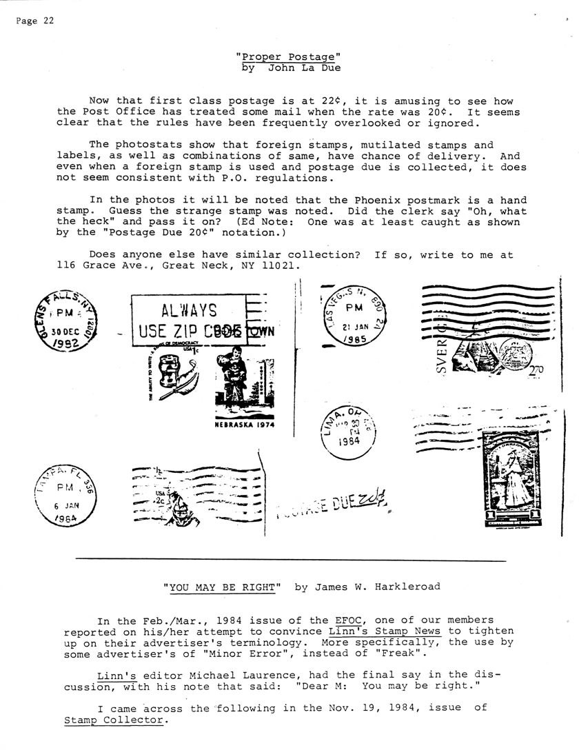 stamp errors, stamp errors, EFO, Propser Postage, La Due, Harkleroad, Linn's Stamp News, advertisers' terminology, Stamp Collector