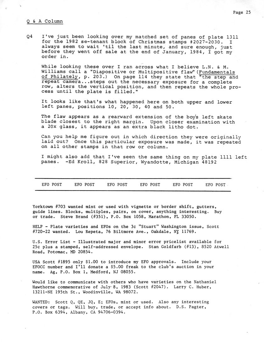 stamp errors, stamp errors, EFO, Q and A Column, 1982 Christmas stamps, Scott 2027, Scott 2028, Scott 2029, Scott 2030, Williams, Fundamentals of Philately, Diapositive or Multipositive Flaw, Kroll, Scott 701, Brand, Yorktown, Repeta, Scott 720, Scott 722, Stuart Washingtom, Goldfarb, Scott 1895, Ag, Silver, Nathaniel Hawthorne Commemorative, Scott 2047, Huber, Pagter