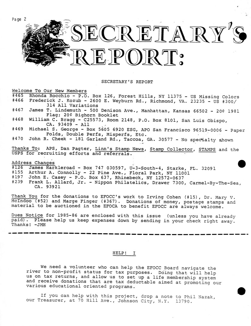 stamp errors, stamp errors, EFO, Secretary's Report, Hotchner, Rocchio, Kozub, Lindemuth, Bragg, George, Cheek, APS, Pagter, :inn's Samp News, Stamp Collector, STAMPS, UPSS, Harkleroad, Connoly, Casey, Allard, Cohen, McIndoo, Finger, non-profit status, Nazak