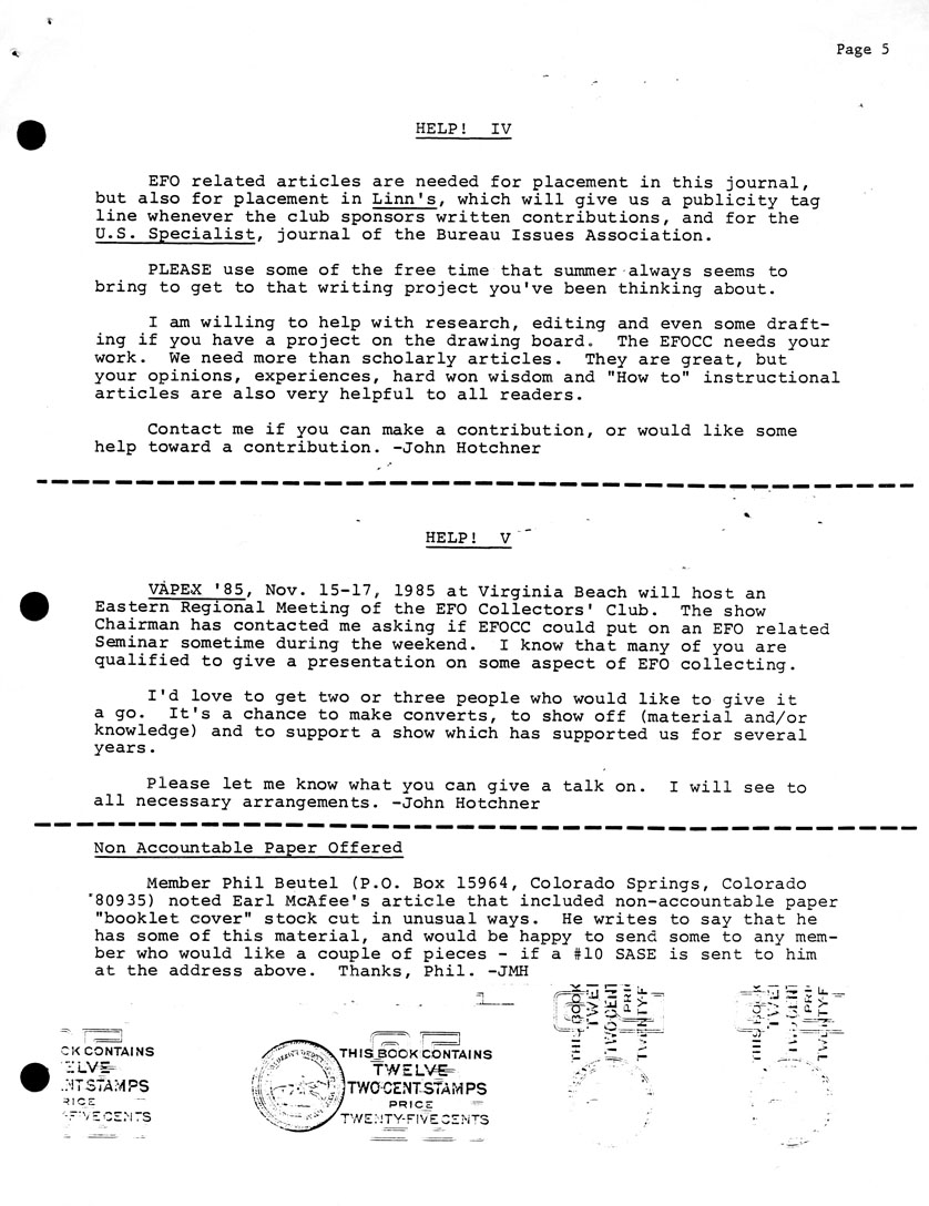stamp errors, stamp errors, EFO, Linn's, U.S. Specialist, Bureau Issues Association, VAPEX '85, Eastern Regional Meeting, Beutel, McAfee, non-accountable paper, booklet cover