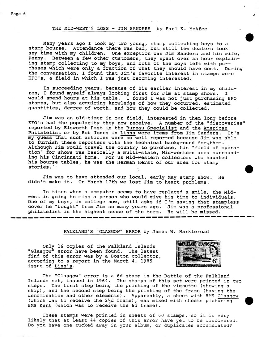 stamp errors, stamp errors, EFO, Sanders, McAfee, Breau Specialist, American Philatelist, Linn's, Harkleroad, Glasgow error, Falkland Islands, HMS Glasgow, HMS Kent