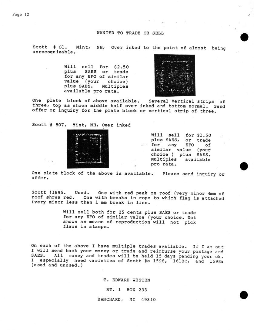 stamp errors, stamp errors, EFO, Scott S1 overinked, Scott 807 overinked, Scott 1895, Westen