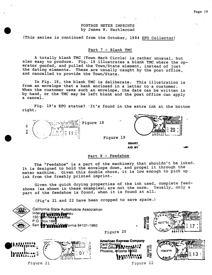 stamp errors, stamp errors, EFO, Postage Meter Imprints, Harkleroad, TMS, Town Mark Circle, Blank TMC, Feedshoe