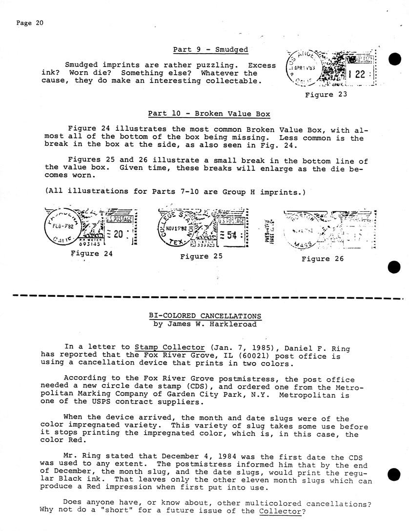 stamp errors, stamp errors, EFO, Smudged, excess ink, broken value box, Bi-Colored Cancellations, Harkleroad, Stamp Collector, Ring, Fox River Grove, IL, circle date stamp