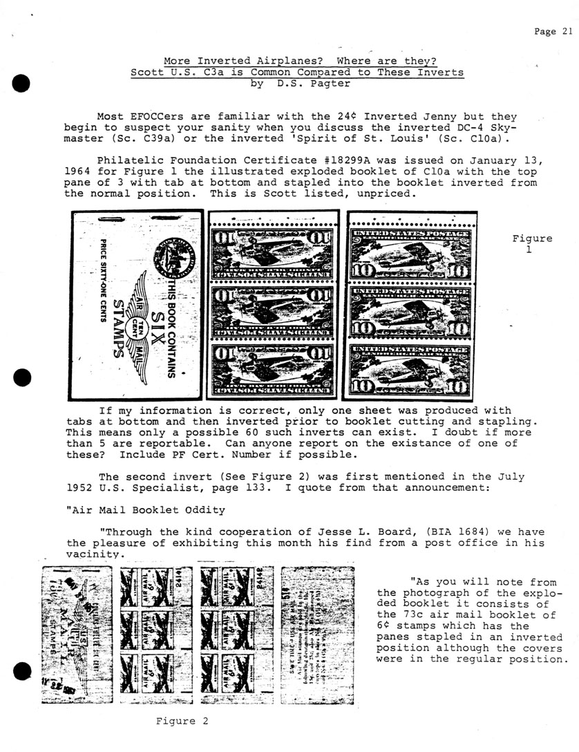 stamp errors, stamp errors, EFO, Pagter, More Inverted Airplanes, inverted Jenny, Scott C3, Philatelic Foundation, booklet, U.S. Specialist, Air Mail booklet oddity, Board