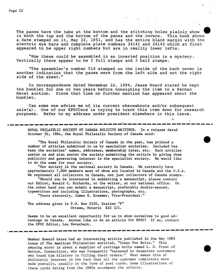 stamp errors, stamp errors, EFO, Royal Philatelic Society of Canada, Richards, Kraemer, Ottawa, Ontario, Novacheck, Gates, American Philatelist, Crazy For Bolts, Carriage bolts, Frost, Marion, CT