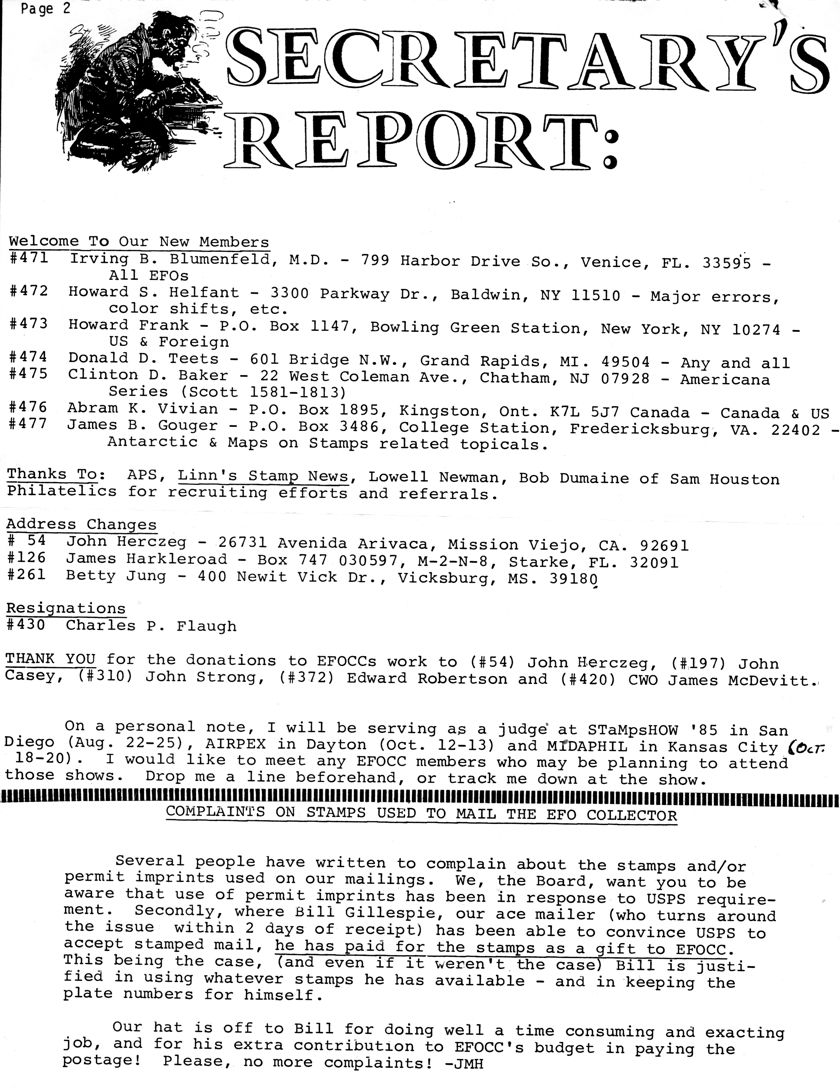 stamp errors, stamp errors, EFO, Secretary's Report, Hotchner, Blumenfeld, Helfant, Frank, Teets, Baker, Vivian, Gouger, Dumaine, Linn's Stammp News, APS, Newman, Sam Houston Philatelics, Herczeg, Harkleroad, Jung, Flaugh, Casey, Strong, Robertson, McDevitt, StampShow 85, AIRPEX, MIDAPHIL