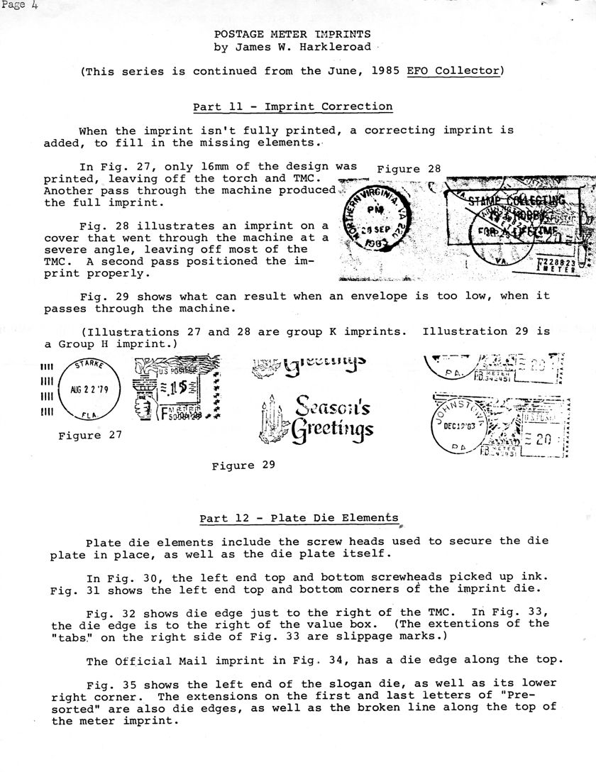 stamp errors, stamp errors, EFO, Postage Meter Imprints, Harkleroad, imprint correction, correcting imprint, Plate Die Elements, slogan die, official mail