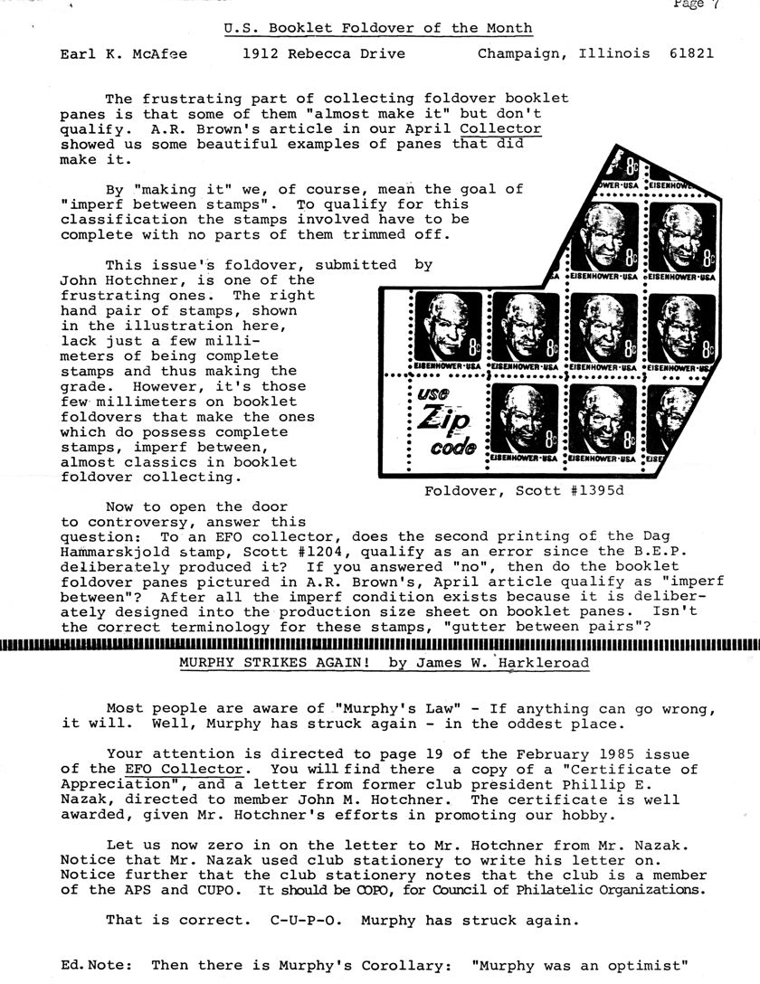 stamp errors, stamp errors, EFO, U.S. Booklet Foldover of the Month, McAfee, Brown, imperf between stamps, Hotchner, Scott 1395, Scott 1204, Hammarskjold, Murohy Strikes Again, COPO, Council of Philatelic Organizations