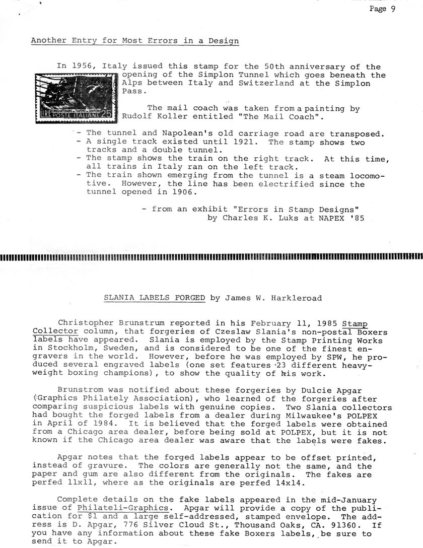 stamp errors, stamp errors, EFO, Another Entry for Most Errors in a Design, design errors, Italy, Simplon Tunnel, Switzerland, Koller, The Mail Coach, errors in stamp designs, Luks, NAPEX 85, Slania Labels Forged, Brunstrum, Stamp Collector, Boxers labels, Apgar, Graphics Philately Association, POLPEX, offset printed, gravure, Philateli-Graphics