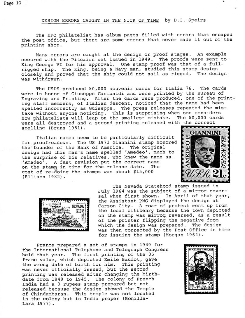 stamp errors, stamp errors, EFO, Design Errors Caught in the Nick of Time, Speirs, Pitcairn set, King George VI., Italia 76, Garibaldi, Guiseppe, Bruns 1981, Giannini, Bank of America, Amedeo, Ellison 1982, Nevada Statehood stamp, Carson City, mirror reversed, Morgan 1964, France, 1949, International Telephone and Telegraph Congress, Baudot, French India, Chindambaran, Bonilla-Lara 1977