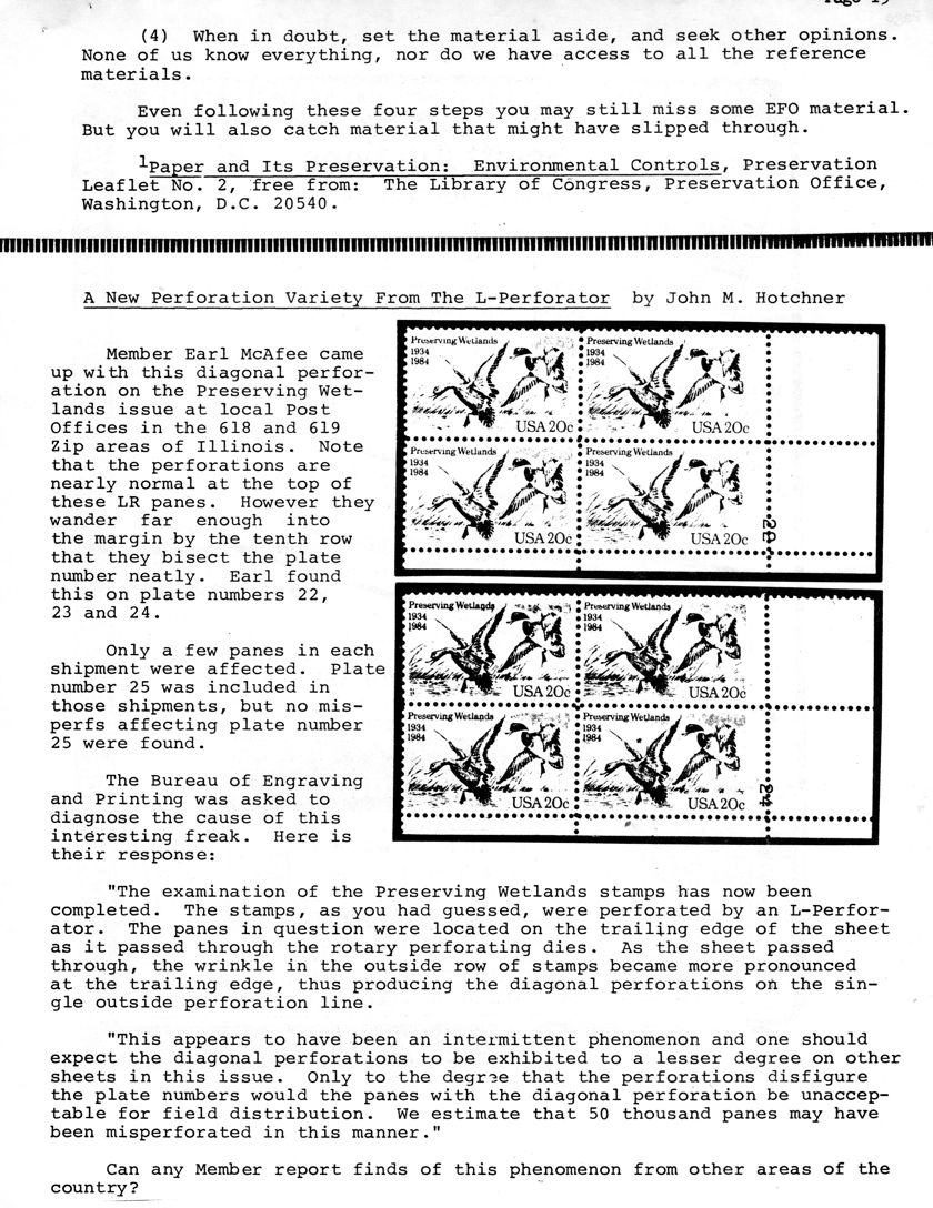 stamp errors, stamp errors, EFO, A New Perforation Variety From The L-Perforator, Hotchner, McAfee, Preserving Wetlands