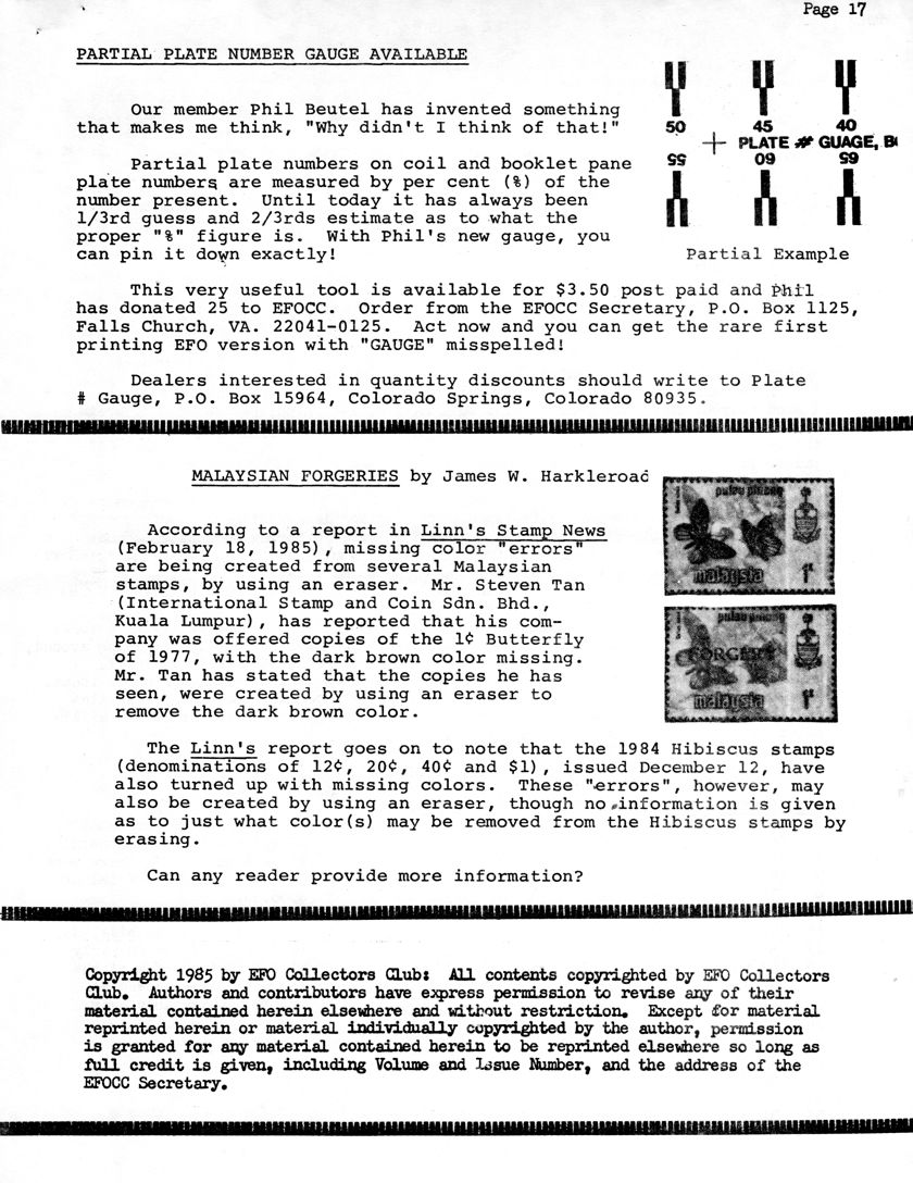 stamp errors, stamp errors, EFO, Partial Plate Number Gauge Available, Beutel, Malaysian Forgeries, Harkleroad, Linn's Stamp News, Tan, International Stamp and Coin Sdn. Bhd., Kuala Lumpur, butterfly, hibiscus stamp