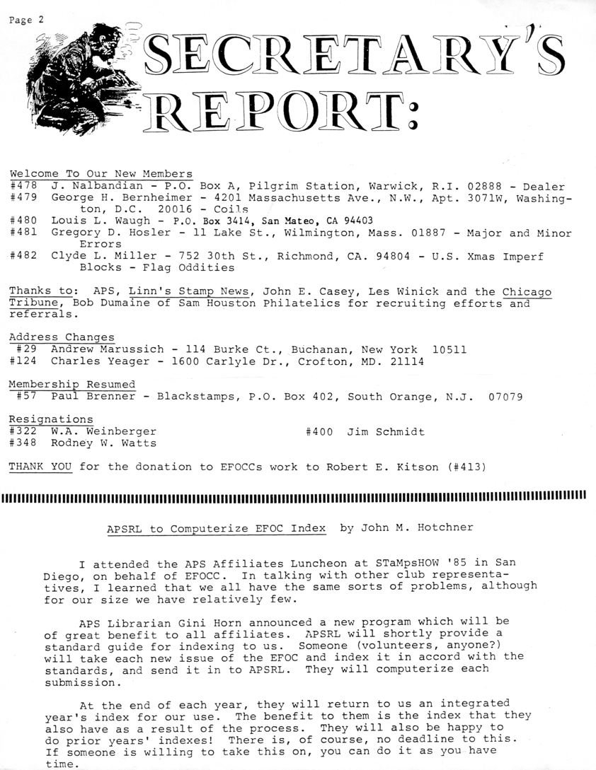 stamp errors, stamp errors, EFO, Secretary's Report, Hotchner, Nalbandian, Bernheimer, Waugh, Hosler, Miller, APS, Linn's Stamp News, Casey, Winick, Chicago Tribune, Dumaine, Sam Houston Philatelics, Marussich, Yeager, Brenner, Weinberger, Watts, Schmidt, Kitson, APSRL, Horn