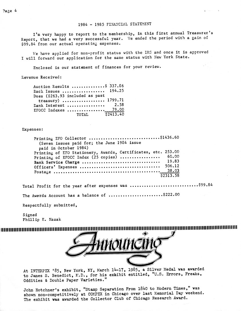 stamp errors, stamp errors, EFO, 1984 - 1985 Financial Statement, Nazak, Interpex 85, Benedict, Hotchner, Stamp Separation from 1840 to Modern Times, U.S. Errors, Freaks and Oddities and Double Paper Varieties