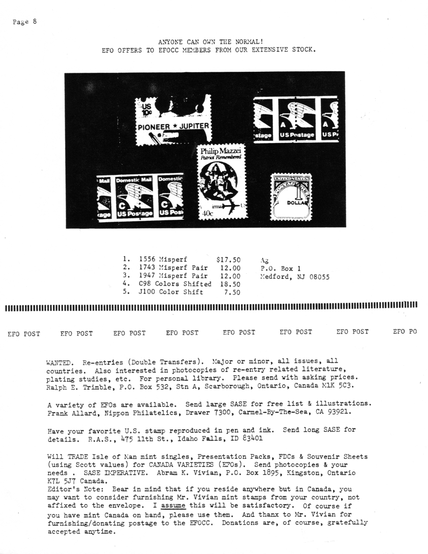 stamp errors, stamp errors, EFO, Silver, Ag, anyone can own the normal, Scott 1556, Scott 1743r, Scott 1947, Scott C98, Scott J100, EFO Post, re-entries, double transfers, Trimble, Allard, Nippon Philatelics, Isle of Man, Canada Varieties, Vivian