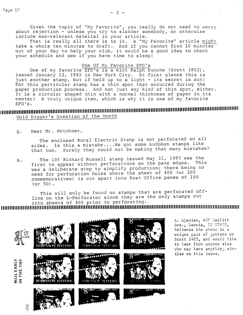 stamp errors, stamp errors, EFO, Gold Diggers Question of the Month, Hotchner, Rural Electric Stamp, Audubon, L-Perforator, Ajamian, Scott 1485