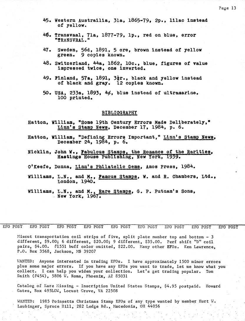 stamp errors, stamp errors, EFO, Western Australia Scott 31, Transvaal Scott 71, Sweden Scott 56, Switzerland Scott 44, Finland Scott 57, Scott 233, Hatton, Some 19th Century Errors Made Deliberately, Linn's Stamp News, Defining Errors Important, Nicklin, Fabulous Stamps, the Romance of the Rarities, Hastings House Publishing, O'Keefe, Linn's Philatelic Gems, Williams, Famous Stamps, W. and R. Chambers, Ltd., Rare Stamps, G. P Putnam's Sons, EFO Post, Lawrence, Jackson, MS, Smith, Phoenix, AZ, Catalog of Rare Missing-Inscription United States Stamps, Gates, Locust Grove, VA, Poinsettia Christmas Stamps, Laubinger, Macedonia, OH
