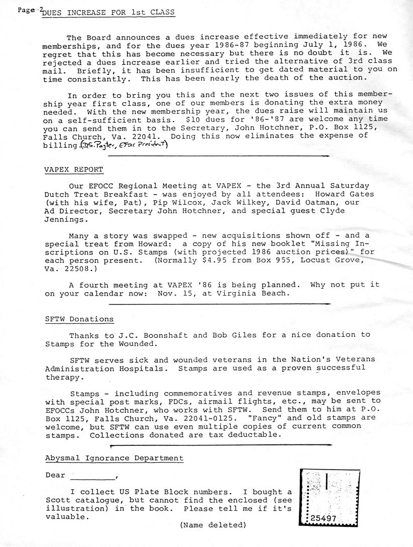 stamp errors, stamp errors, EFO, Dues Increase For First Class, Hotchner, Pagter, VAPEX Report, EFOCC Regional Meeting, Gates, Wilcox, Wilkey, Oatman, Hotchner, Jennings, Missing Inscriptions on U.S.Stamps, SFTW Donations, Boonshaft, Giles, Abysmal Ignorance Department, Scott