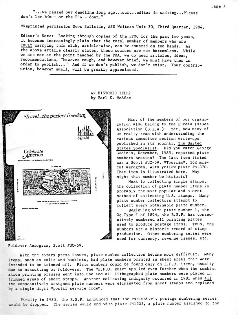 stamp errors, stamp errors, EFO, An Historic Item, McAfee, Bureau Issues Association (B.I.A.), The United States Philatelist, Godin, Scott UC59, tourism miscut aerogram, plate number 41303