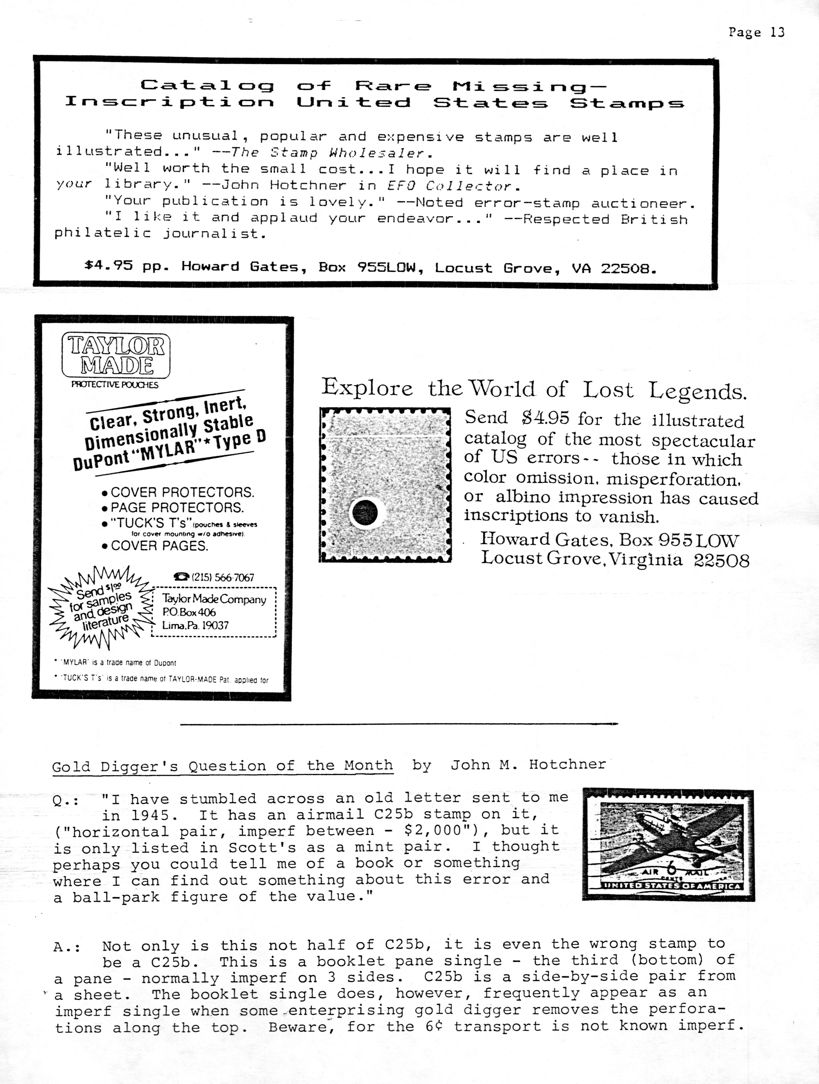 stamp errors, stamp errors, EFO, Gates, Catalogue of Rare Missing-Inscription United States Stamps, Taylor Made Company, Gold Digger's Question of the Month, Hotchner