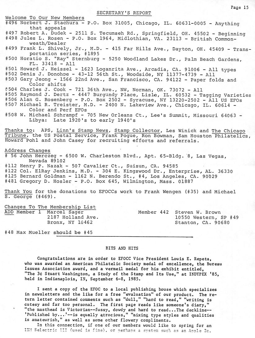 stamp errors, stamp errors, EFO, Secretary's Report, Hotchner, Stachura, Dudek, Rosen, Shively, Sternburg, Heissel, Donohoe, Jeong, Cook, Dertz, Rosenberg, Treister, Schrampf, APS, Anerican Philatelic Society, Linn's Stamp News, Stamp Collector, Winick, The Chicago Tribune, US Postal Service, Pogue, Bowman, Sam Houston Philatelics, Pohl, Casey, Herczeg, Nazak, Jenkins, Goldman, Hosler, Wengen, George, Sager, Brown, Mueller, Repeta, Bits and Hits, Indypex 85