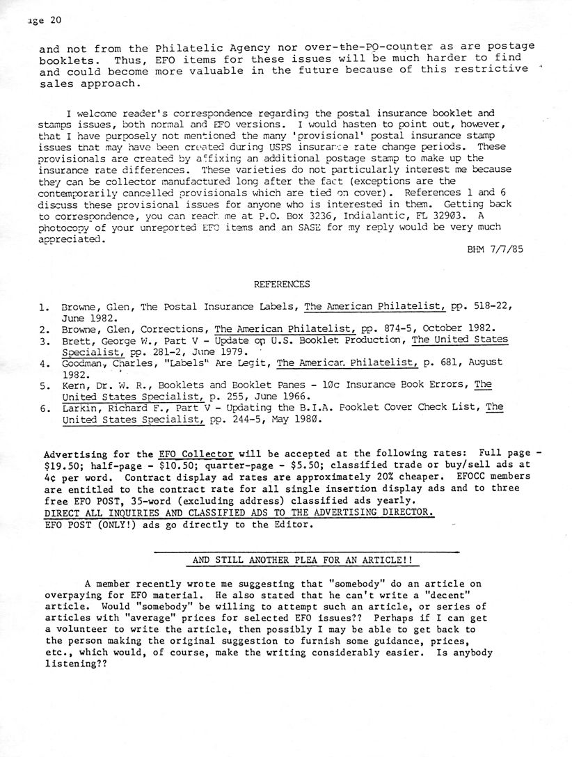 stamp errors, stamp errors, EFO, Browne, The Postal Insurance Labels, The American Philatelist, Brett, The Unites States Specialist, Part V - Update on U.S. Booklet Production, Goodman, Labels Are Legit, Kern, Booklets and Booklet Panes - 10c Insurance Book Errors, Larkin, Updating the B.I.A. Booklet Cover Checklist