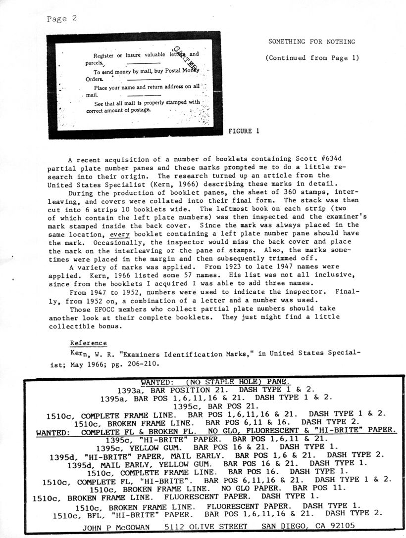 stamp errors, stamp errors, EFO, Scott 634, United States Specialist, Kern, Examiners Identification Marks, Scott 1393, Scott 1395, Scott 1510, hi-brite paper, McGowan