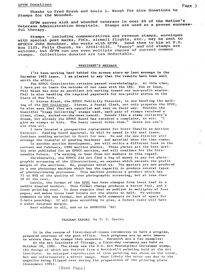 stamp errors, stamp errors, EFO, Hotchner, SFTW DOnations, Kozub, Waugh, President's Message, EFOCC Constitution, Nazak, Non-profit status, Brand, publicity director, Shaulis, AMERIPEX 86, Program Errors, Speirs, Art Institute of Chicago, Botticelli, Christmas stamp, mirror image
