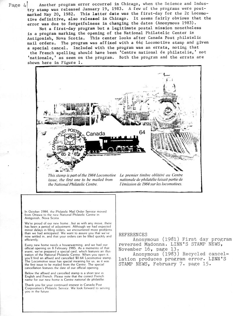 stamp errors, stamp errors, EFO, Chicago, Science and Industry stamp, released January 19, 1983, postmarked May 20, 1982, Locomotive definitive, program marking the opening of the National Philatelic Center in Antigonish, Nova scotia, Centre national de philatelie, Canada Post Corporation, Linn's Staamp News, First Day Program Reversed Madonna, Recycled cancellation produces program error