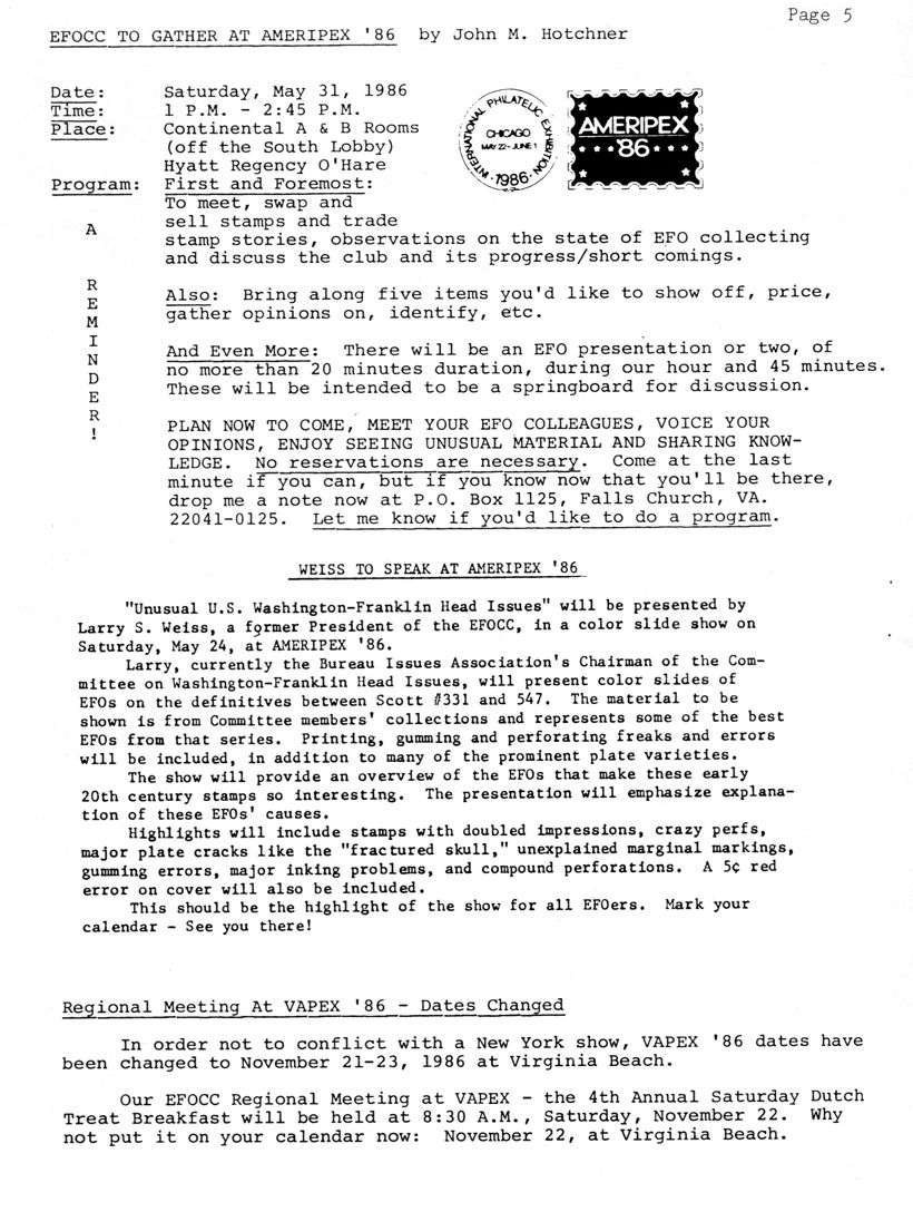 stamp errors, stamp errors, EFO, Hotchner, AMERIPEX 86, Weiss, Unusual U.S. Washington-Franklin Head Issues, Bureau Issues Association, Committee on Washingon-Franklin Head Issues, Scott 331, Scott 547, VAPEX 86, Dutch Treat Breakfast, Virginia Beach