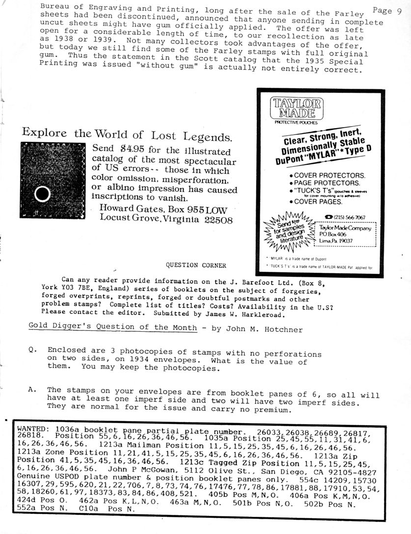 stamp errors, stamp errors, EFO, Bureau of Engraving and Printing, world of lost legends, Gates, Taylor Made protective pouches, DuPont Mylar Type D, Tuck's T's, cover protectors, page protectors, J. Barefot Ltd, Harkleroad, Gold Digger's Question of the Month, Hotchner, McGowan, Scott 1036, Scott 1035, Scott 1213, Scott 554, Scott 405, Scott 406, Scott 424, Scott 462, Scott 463, Scott 501, Scott 502, Scott 552, Scott C10