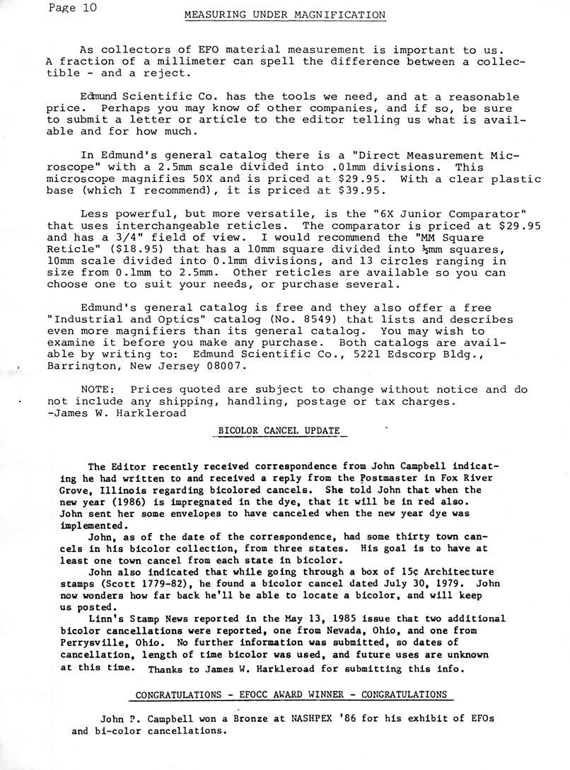 stamp errors, stamp errors, EFO, Measuring Under Magnification, Edmund Scientific Co., Direct Measurement Microscope, MM Square Reticle, 6x Junior Comparator, Industrial and Optics Catalog, Harkleroad, Bicolor Cancel Update, Campbell, Fox River Grove, IL, Architecture stamps, Scott 1779, Scott 1782, NASHPEX 86