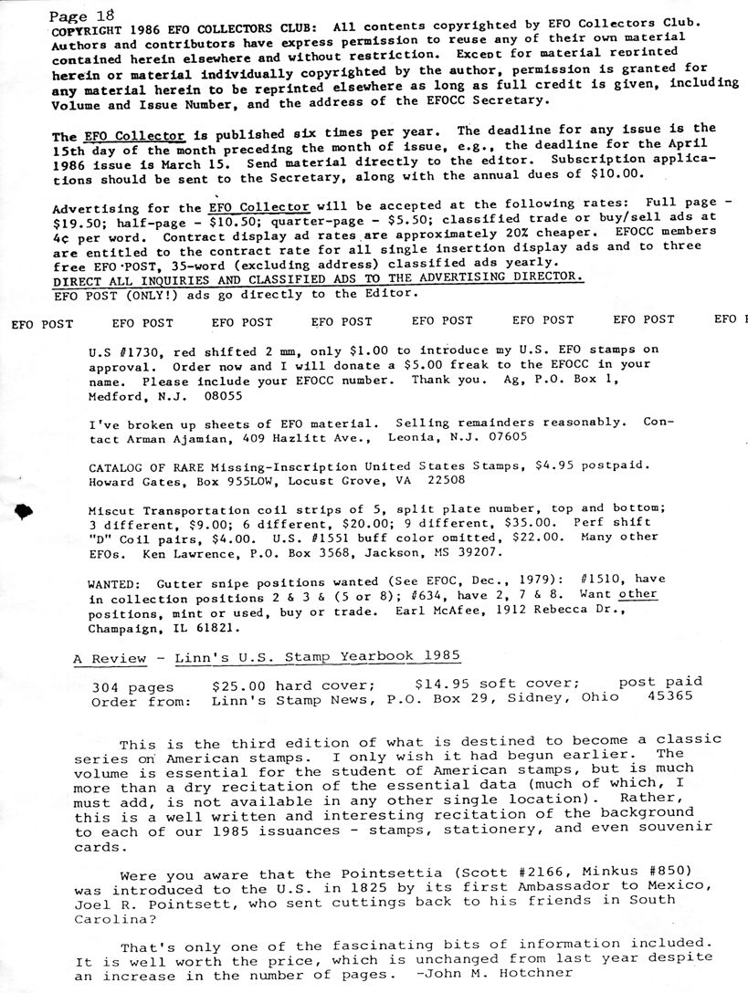 stamp errors, stamp errors, EFO, EFO Post, Scott 1730, Silver, Ag, Ajamian, Catalog of Rare Missing Inscrption United States Stamps, Gates, transportation, Lawrence, McAfee, Linn's U.S. Stamp Yearbook 1985, Scott 2166, Pointsettia, Mexico, Pointsett, South Carolina, Hotchner