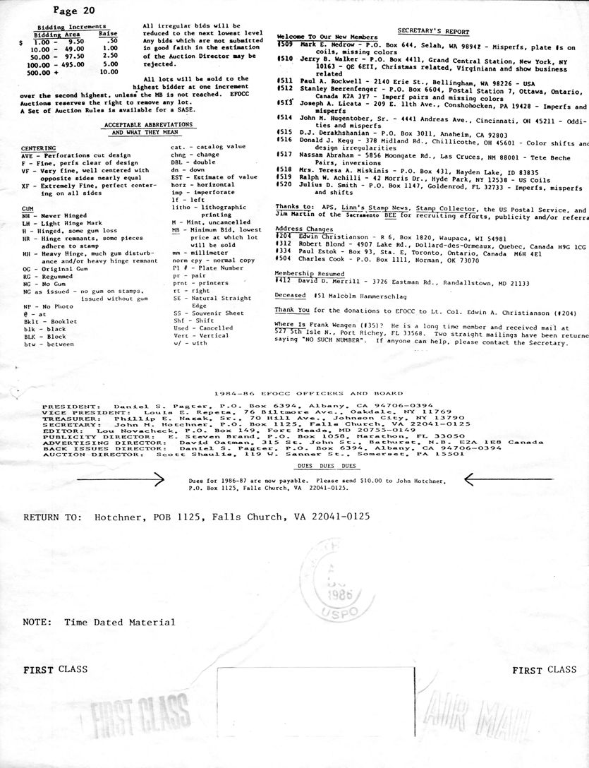 stamp errors, stamp errors, EFO, Secretary's Report, Nedrow, Walker, Rockwell, Beerenfenger, Licata, Hugentober, Derakhshanian, Kegg, Abraham, Miskinis, Achilli, Smith, APS, Linn's Stamp News, Stamp Collector, US Postal Service, Martin, Christianson, Blond, Estok, Cook, Merrill, Hammerschlag, Wengen, Pagter, Repeta, Nazak, Hotchner, Novacheck, Brand, Oatman, Shaulis