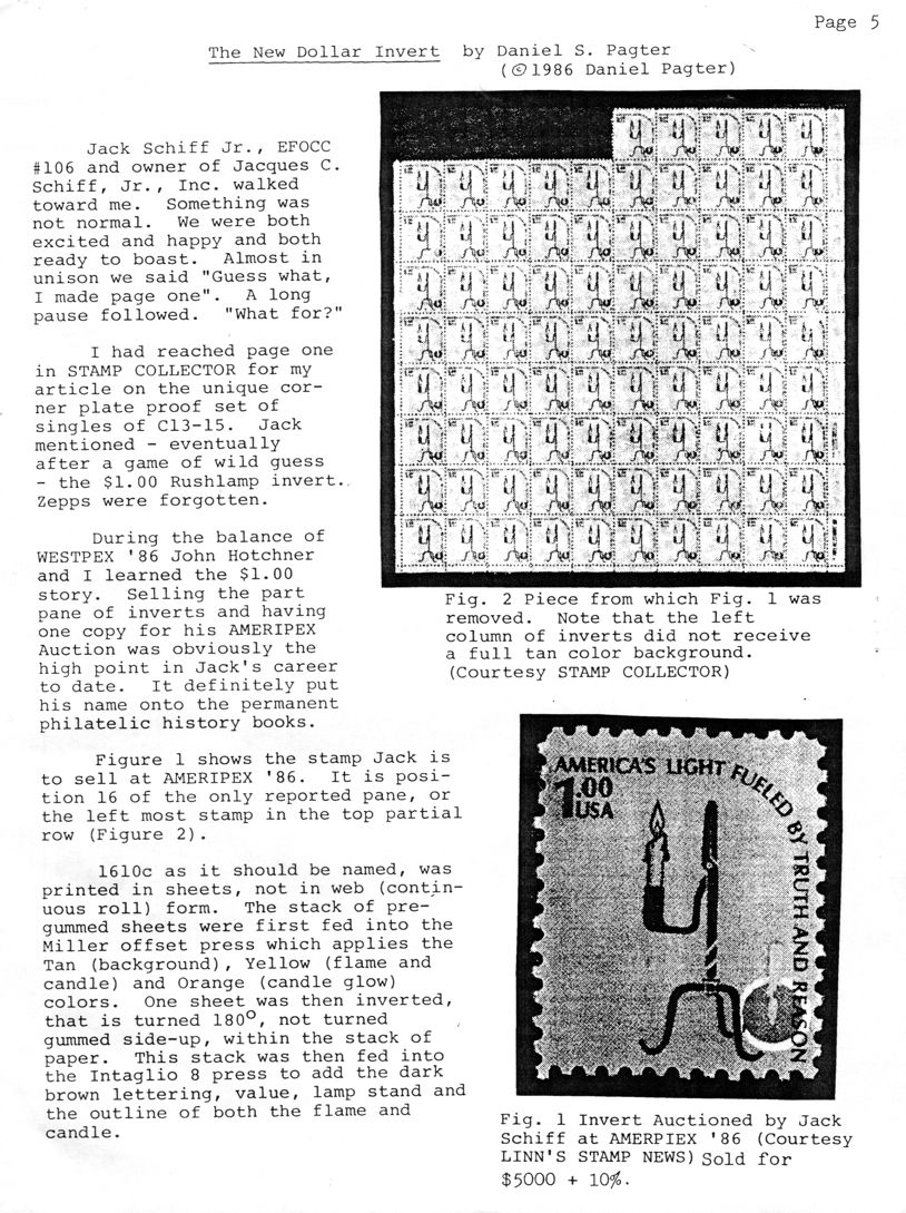 stamp errors, stamp errors, EFO, Pagter, the new dollar invert, Schiff, Stamp Collector, Scott C13, Scott C15, Rushlamp invert, WESTPEX 86, AMERIPEX 86, Scott 1610, Miller offset press, Intaglio 8 press