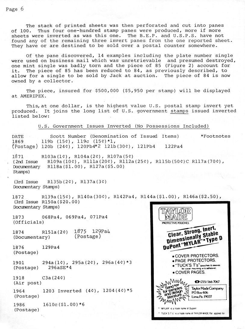 stamp errors, stamp errors, EFO, B.E.P., Bureau of Engraving and Printing, U.S.P.S., United States Postal Service, US Government Issues inverted, 1869, Scott 119, Scott 120, Scott 121, Scott 122, 1871, Scott R103, Scott R104, Scott R107, Scott R109, Scott R111, Scott R112, Scott R115, Scott R117, Scott R135, Scott R137, Documentary Stamps, 1872, Scott R139, Scott R140, Scott R142, Scott R144, Scott R146, Scott R150, 1873, officials, Scott O68P, Scott O69P, Scott O71P, 1874, Scott R151, 1875, Scott 129P, 1876, 1901, Scott 294, Scott 295, Scott 296, 1918, Scott C3, air post, 1964, Scott 1203, Scott 1204, 1986, Scott 1610, Taylor Made protective pouches, Dupont Mylar type D, Lima, PA, Tuck's T's