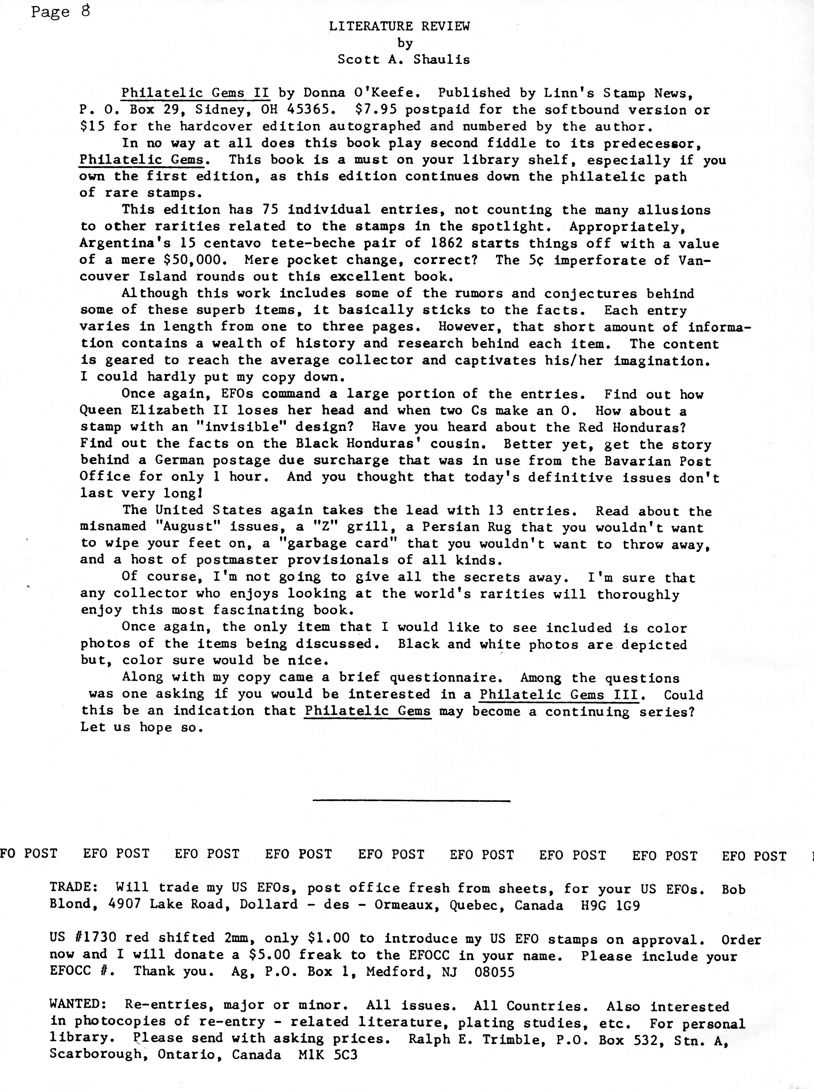stamp errors, stamp errors, EFO, Literature Review, Shaulis, O'Keefe, Philatelic Gems II, Linn's Stamp News, Sidney, OH, Argentina, tete-beche, Vancouver Island, Queen Elizabeth II, invisible design, Red Honduras, Bavarian Post Office, Z Grill, Persian Rug, garbage card, EFO Post, Blond, Quebec, Dollard-des-Ormeaux, Canada, Ag, Silver, Scott 1730 red shifted, Medford, NJ, Trimble, Re-entries, Scarborough, Ontario, Canada