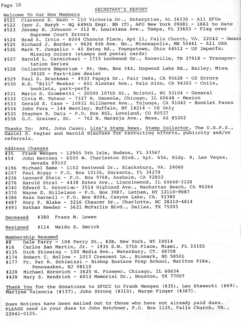 stamp errors, stamp errors, EFO, Secretary's Report, Rash, Huryk, Johnson, Irvin, Borden, Congelio, Carmichael, Emporium, Bruckman, Menker, Giombetti, Tuteur, Case, Fera, Datz, Geiner, APS, Casey, Linn's Stamp News, Stamp Collector, USPS, Pagter, Blaufuss, Wengen, Herczeg, Bame, Biggy, Stein, Stral, Antonian, Hillelson, Darnell, Blake, Reeder, Lowen, Emrick, Parry, San Martin, Stiewing, Hollow, Schimizzi, Korovich, Kendrick, Stawecki, Valencia, Strong, Finger, Hotchner