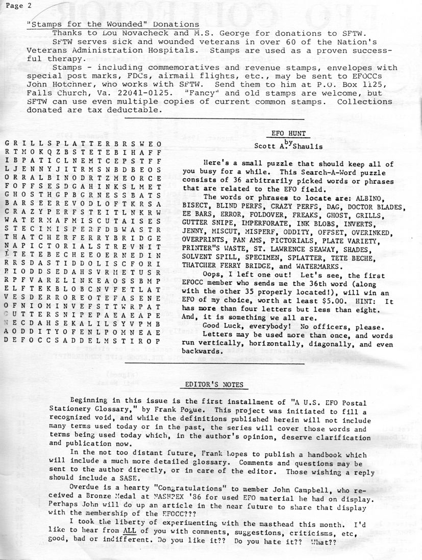 stamp errors, stamp errors, EFO, Shaulis, EFO Hunt, Editor's Notes, Pogue, A U.S. EFO Postal Stationery Glossary, Campbell, NASHPEX 86