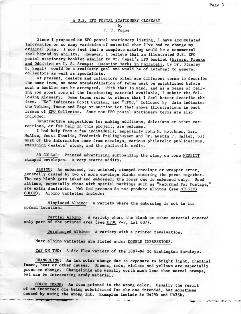 stamp errors, stamp errors, EFO, EFO Postal Stationery Glossary, Pogue, Segal, Errors, Freaks and Oddities of U.S. Stamps, Question Marks in Philately, Hotchner, McAfee, Shaulis, Frelinghuysen, Haller, Scott, The EFO Collector, EFOC, ad collar, Nesbitt, albino, missing color, misplaced albino, partial albino, surcharged albino, double impressions, cap on two, die flaw variety, Washington envelope, changeling, bight light, chemical fumes, heat, color error, Scott U429, Scott U436