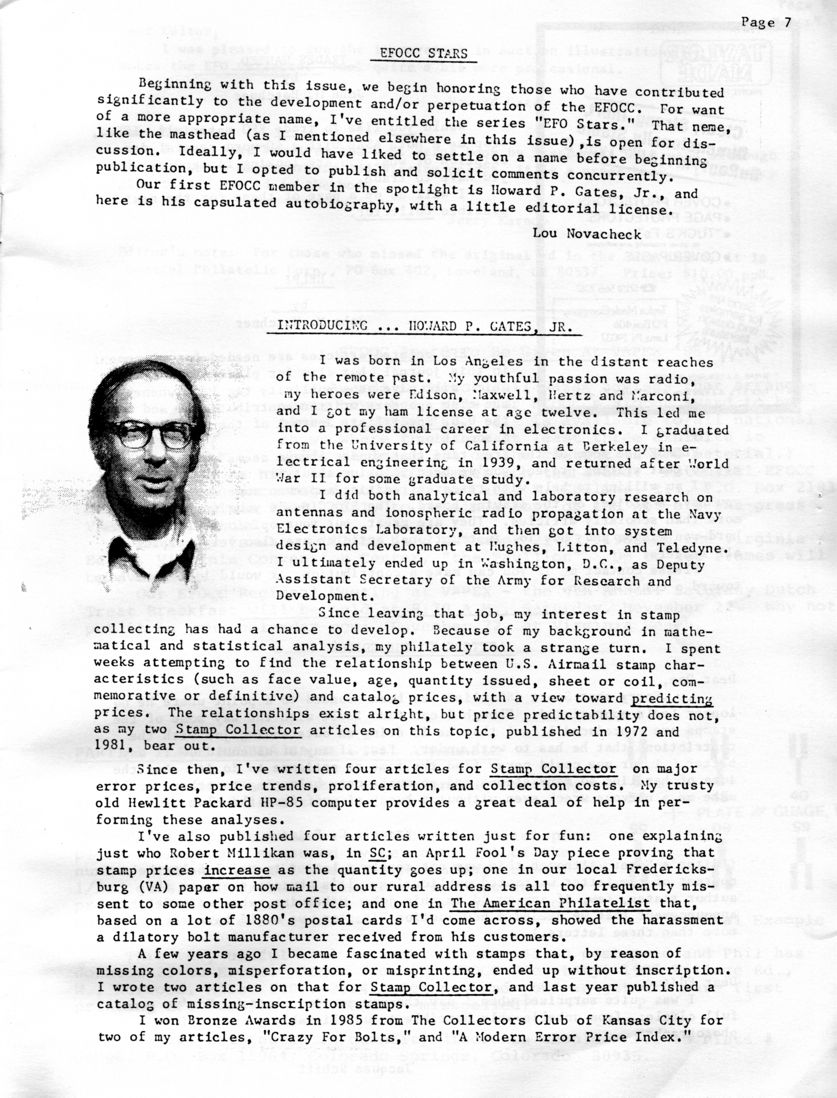 stamp errors, stamp errors, EFO, Novacheck, EFO stars, Gates, Los Angeles, Edison, Maxwell, Marconi, University of California at Berkeley, Hughes, Litton and Teledyne, Deputy Assistant Secretary of the Army for Research and Development, Washington, DC, predicting prices, Stamp Collector, The American Philatelist, harassment a dilatory bolt manufacturer received from his customer, missing-inscription stamps, Collectors Club of Kansas City, Crazy for Bolts, a Modern Error Price Index