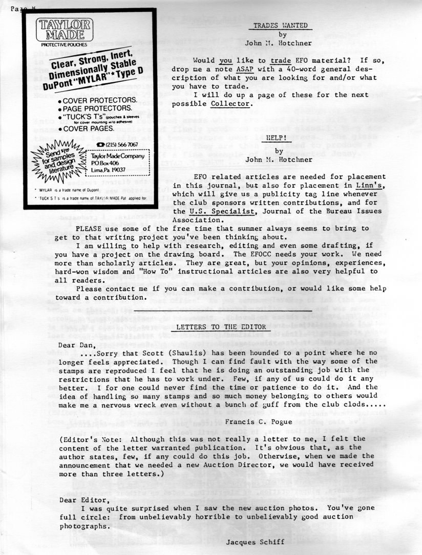 stamp errors, stamp errors, EFO, Taylor Made Protective Pouches, Dupont Mylar Type D, Tuck's T's, Cover protectors, Page Protectors, Help, Articles Needed, Hotchner, Linn's, U.S. Specialist, Journal of the Bureau Issues Association, Letters to the Editor, Poguet, Shaulis, Schiff