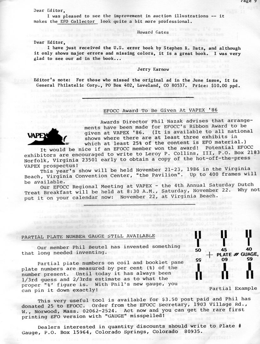 stamp errors, stamp errors, EFO, Datz, U.S. Error Book, General Philatelic Corp., Loveland, CO, EFOCC Award, VAPEX 86, Collins, Norfolk, VA, EFOCC Regional Meeting, Virginia Beach, Virginia Convention Center, Pavillion, Partial Plate Number Gauge, Beutel, Norwood, MA, Colorado Springs, CO
