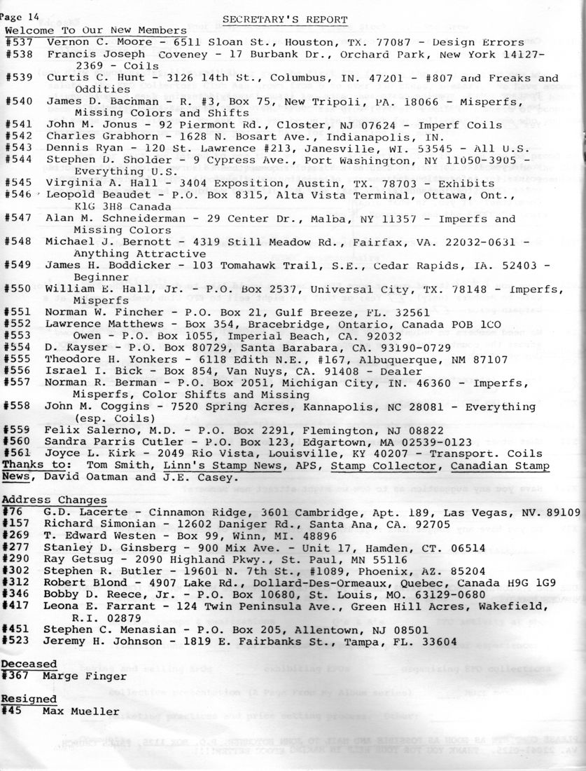 stamp errors, stamp errors, EFO, Secretary's Report, Moore, Coveney, Hunt, Bachman, Jonus, Grabhorn, Ryan, Sholder, Hall, Beaudet, Schneiderman, Bernott, Boddicket, Hall, Oincher, Matthews, Kayser, Yonkers, Bick, Berman, Coggins, Salerno, Cutler, Kirk, Smith, Linn's Stamp News, APS, Stamp Collector, Canadian Stamp News, Oatman, Casey, Lacerte, Simonian, Westen, Ginsberg, Getsug, Butler, Blond, Reece, Farrant, Menasian, Johnson, Finger, Mueller