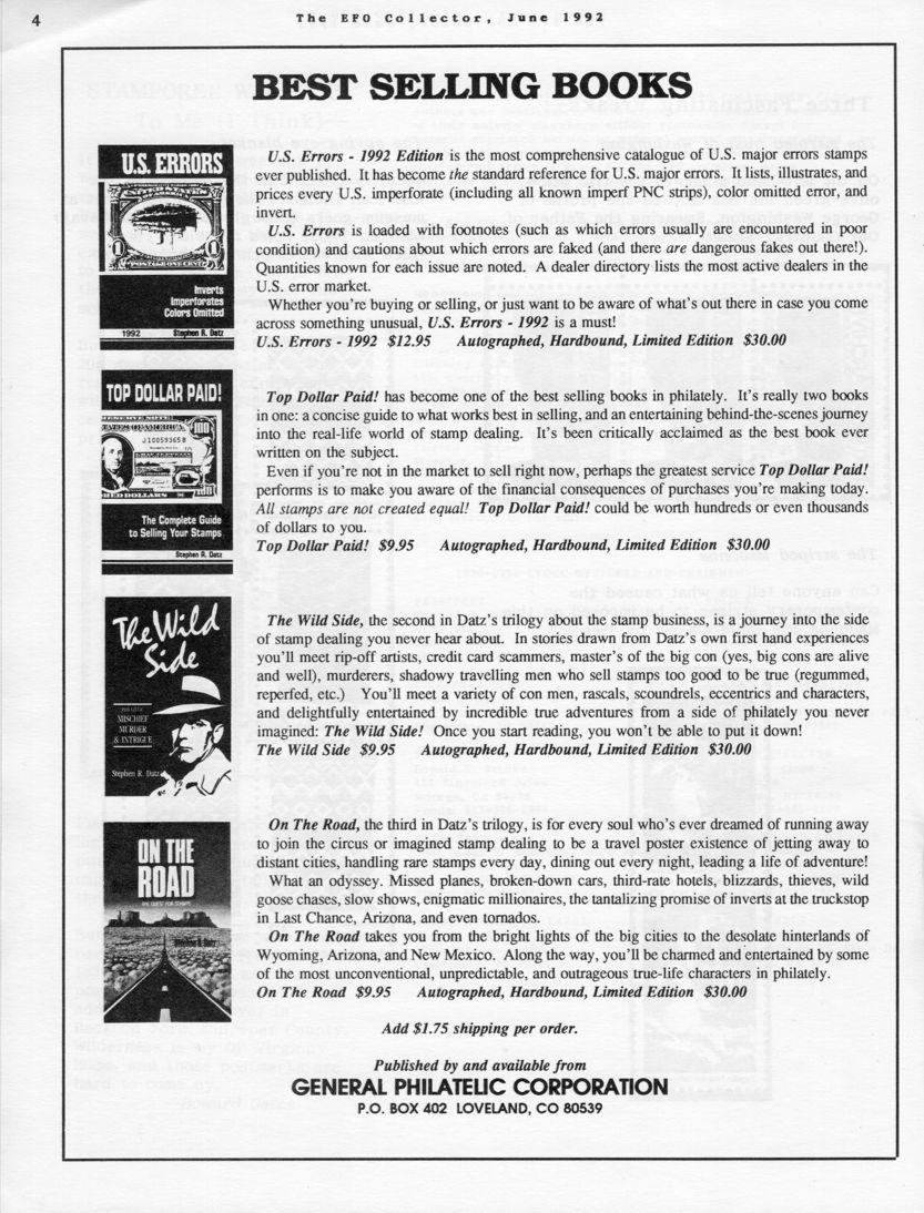 stamp errors, stamp errors, EFO, U.S Errors - 1992 Edition, Datz, Top Dollar Paid, The Wild Side, On The Road, General Philatelic Corporation