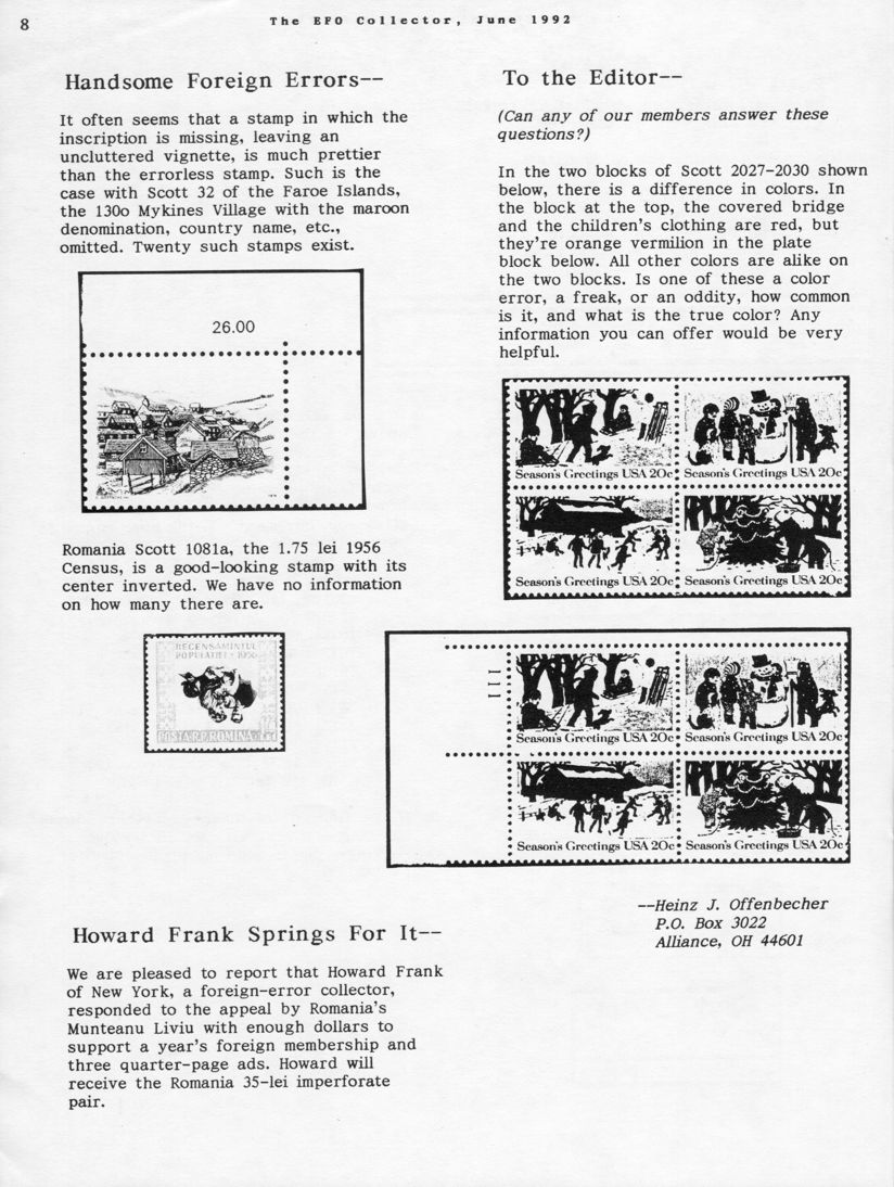 stamp errors, stamp errors, EFO, handsome foreign errors, Faroe Islands, missing inscription, Scott 32, Romania, Scott 1081, 1956 Census with center inverted, Frank, New York, Liviu, Scott 2027, Scott 2030, To the Editor, Offenbecher, difference in colors