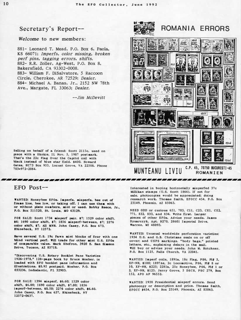 stamp errors, stamp errors, EFO, McDevitt, Secretary's Report, Mead, Zoller, DiSalvatore, Banas, Scott 2115, Romania Errors, Liviu, Reece, honeybee EFOs, Scott 1734, Casey, Discovering U.S. Rotary Booklet Pane Varieties, Mosher, Scott 1294, Scott 1529, Scott 1690, Scott 1856, Scott 2276, Millikan, Scott 1866, Smith, Scott 651, Scott 703, Scott C11, Scott C23, Scott CE1, Scott CE2, Scott 771, Scott 832, Scott 833, Scott 834, Dysarczyk, CHristmas Seals, Hotchner, USPS markings, body bags, explaining delays in the mail, Scott 1891, Scott 1897, Scott 2281, Grove, 1938 Presidential misperf errors