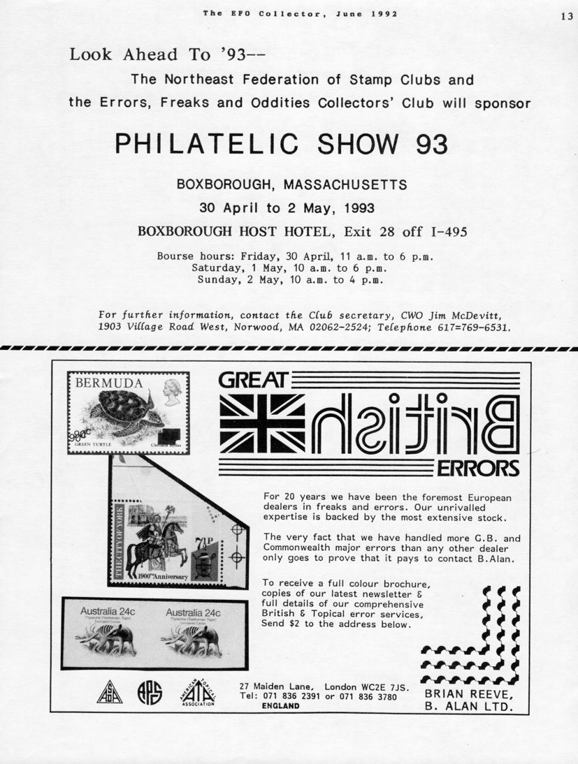 stamp errors, stamp errors, EFO, Philatelic Show 93, Boxborough, MA, Reeve, B. Alan LTD., British Errors